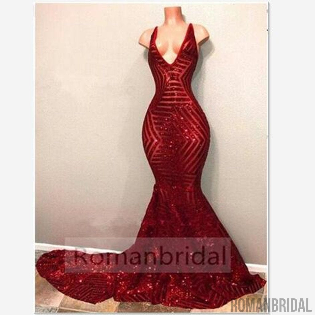 Mermaid Red Sequins Prom Dresses V-neck Sleeveless Long Train Sexy Eve ...