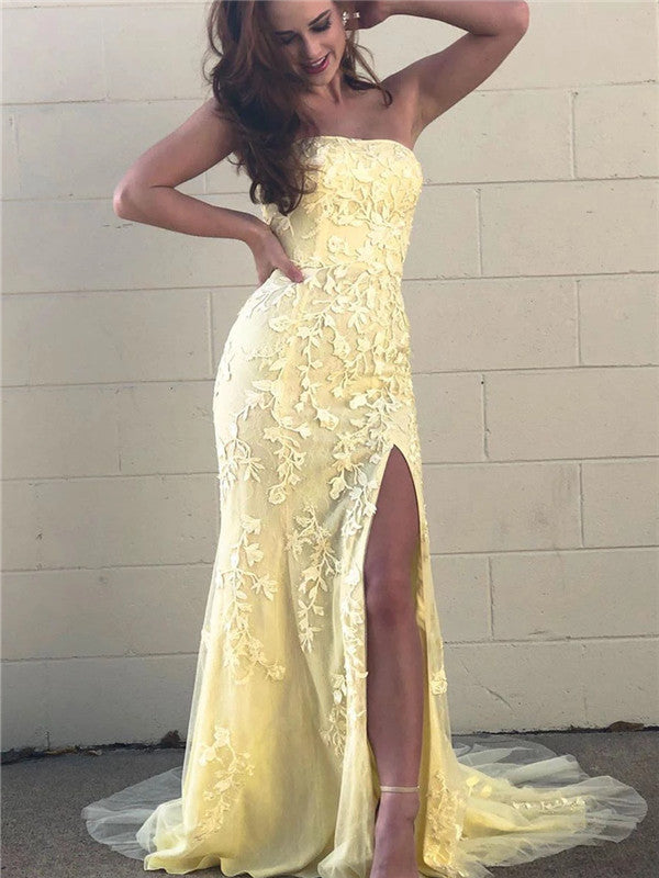 strapless yellow prom dress