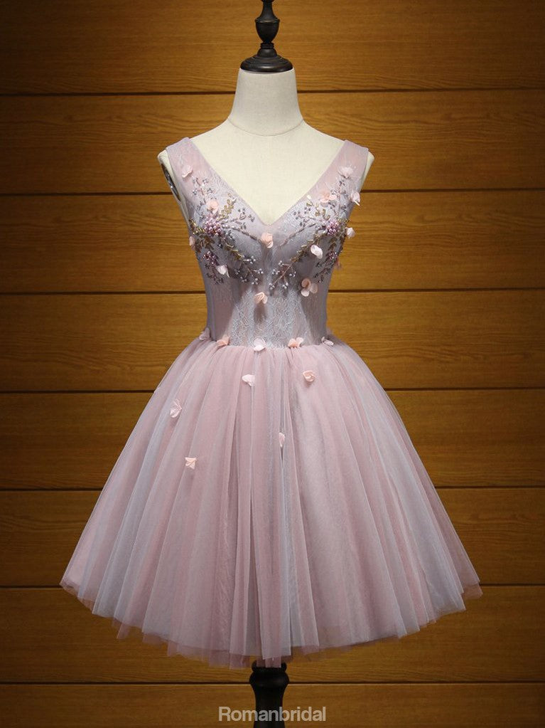 Charming V-neck short mini prom dress, Seam beads applique party dress ...