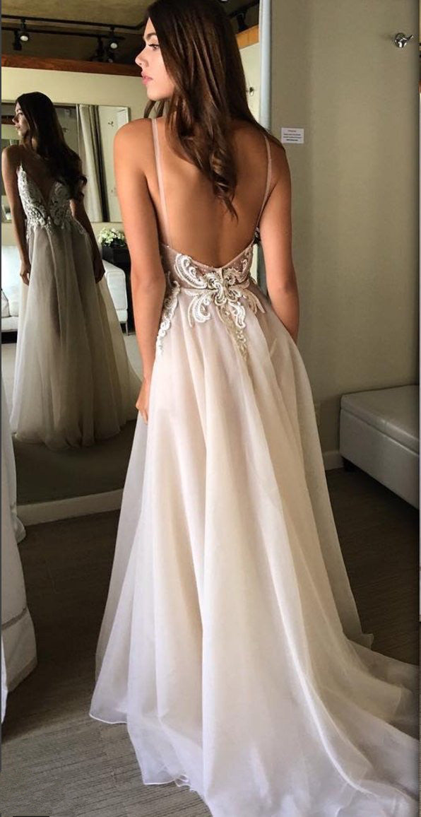 New Arrival A Line Deep Sleeveless V Neck Appliques Sexy Spaghetti Str Romanbridal 8025