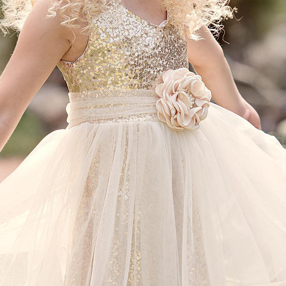 Ivory gold flower girl dress, Rustic 