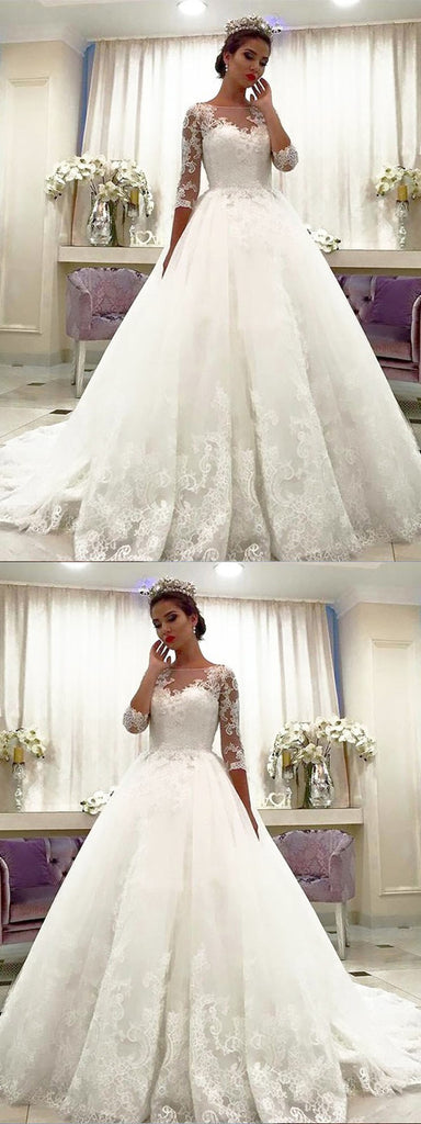 Amazing 3/4 Sleeves Lace Bateau Neck Ball gown, Wedding Dresses With T ...