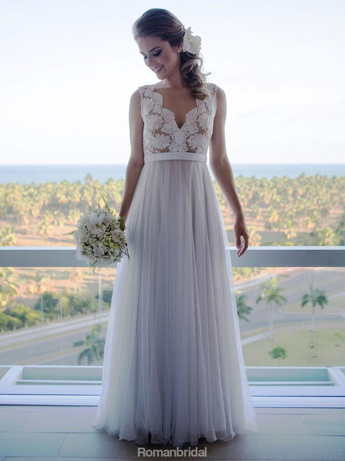 A line V-neck Vintage Lace Top Sleeveless Tulle Skirt Beach Wedding Dr –  RomanBridal