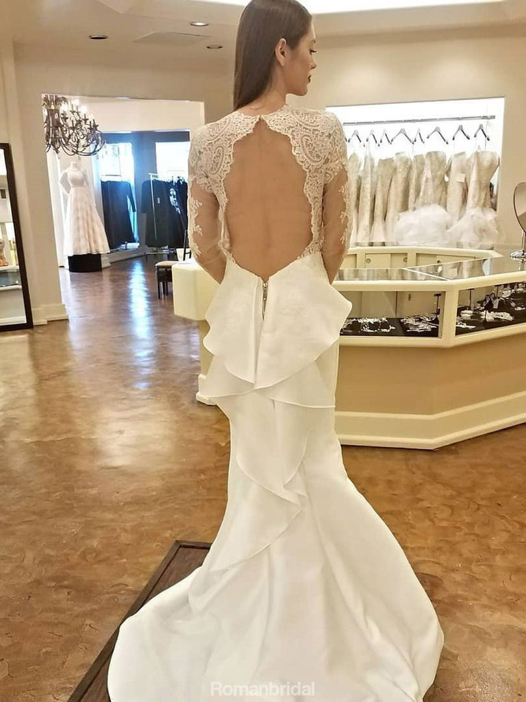 Unique Long Sleeves Lace Mermaid Open Back Fitted Wedding Dresses