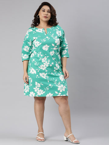 GREEN FLORAL PRINT A-LINE DRESS