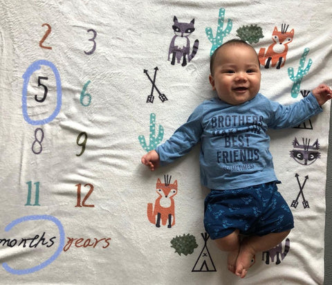 Ziggy's son on The Wee Bean's milestone blanket