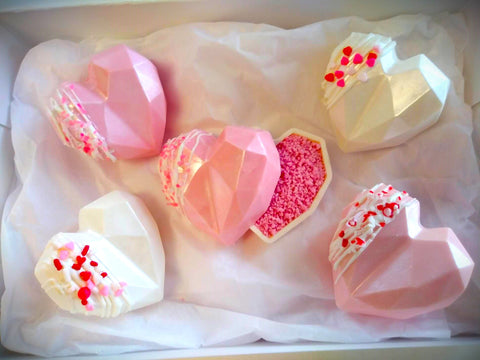 geometric heart shaped cocoa bombs