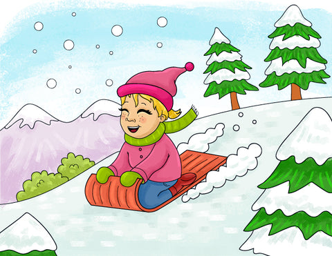 Emma sledding down a snowy hill. Learn sign language with Emma and Egor.