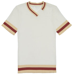 Belati Ivory 3 Stripes Trim Ribbed Knit Sweater