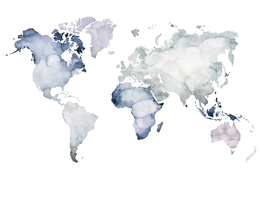World Map Wallpaper Mural in Watercolour effect, Blue, White, Grey & B