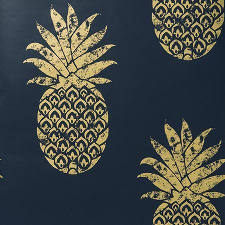 Tobago Pineapple Motif Designer Wallpaper Clarke and Clarke | Gold & B