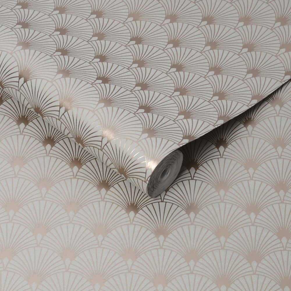 Art Deco Fan Tile Effect Geometric Wallpaper in Cream Grey and Rose Go