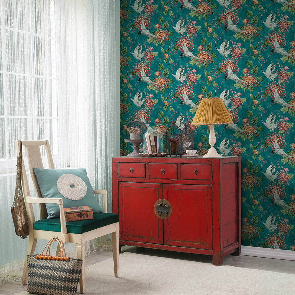 Crane And Floral Bird Wallpaper In Green Blue And Pink Your 4 Walls