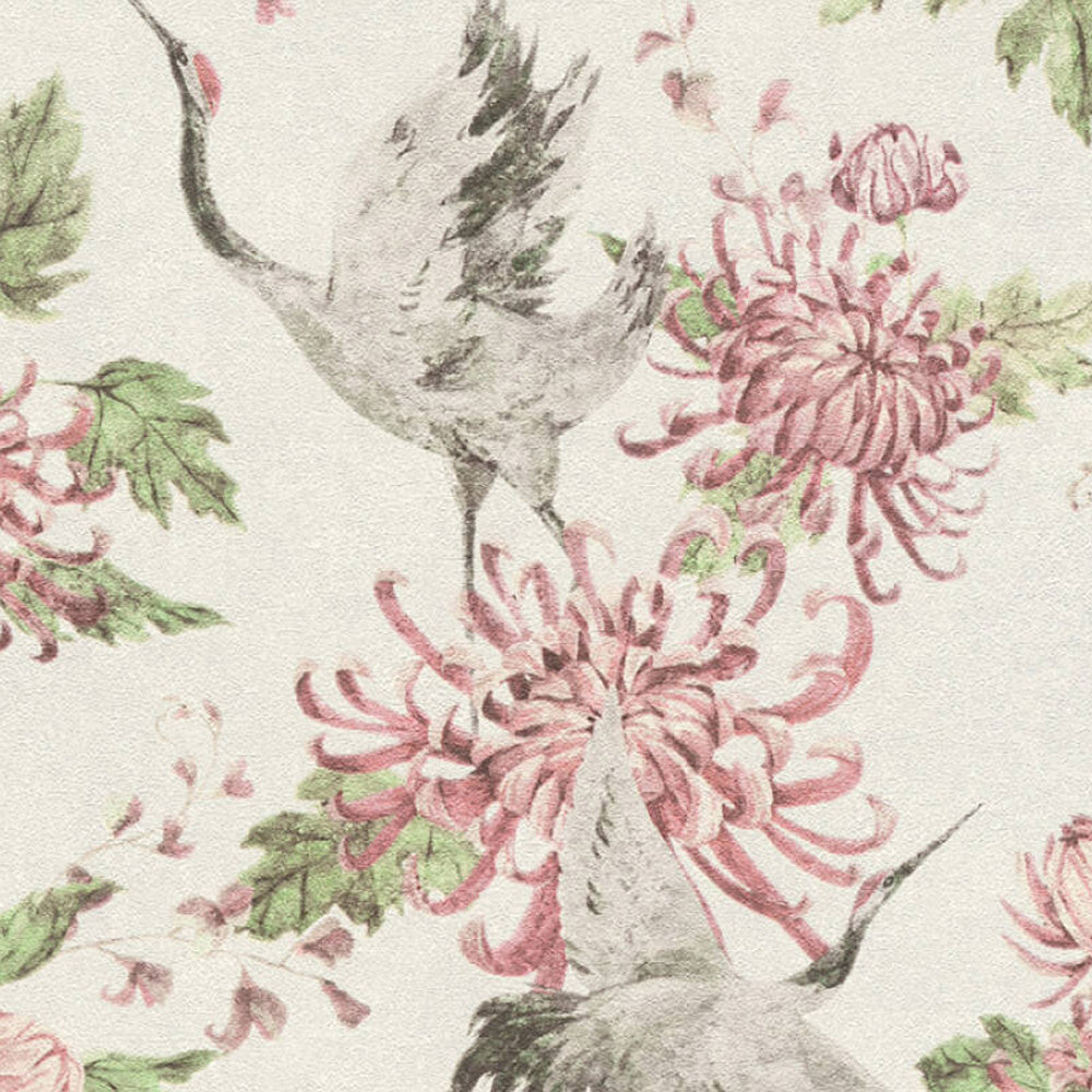 Crane And Floral Bird Wallpaper In Pink Grey And Off White Your 4 Walls