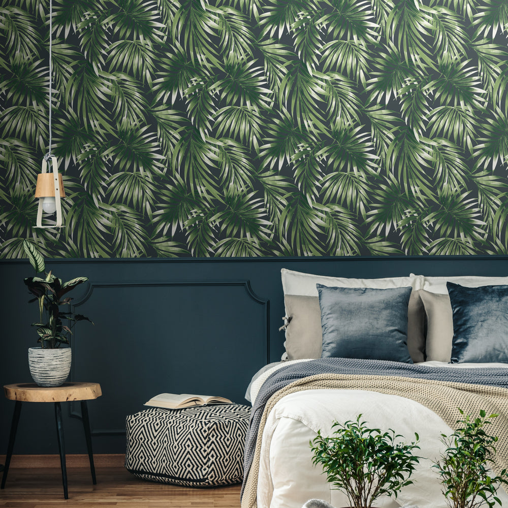 'Dark Palm' Leaf Design Wallpaper in Dark Green & Charcoal