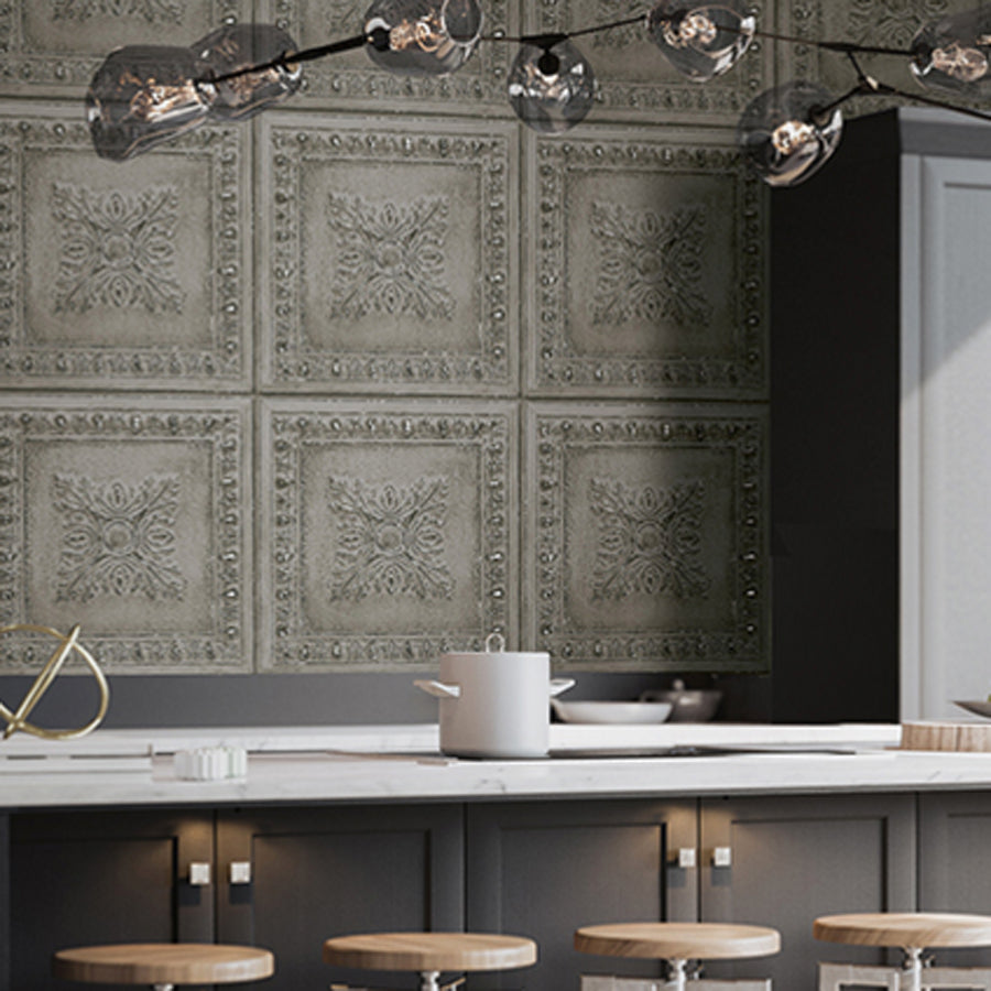 Powder Coated Tin Tile Effect Wallpaper  Grey Metallic 