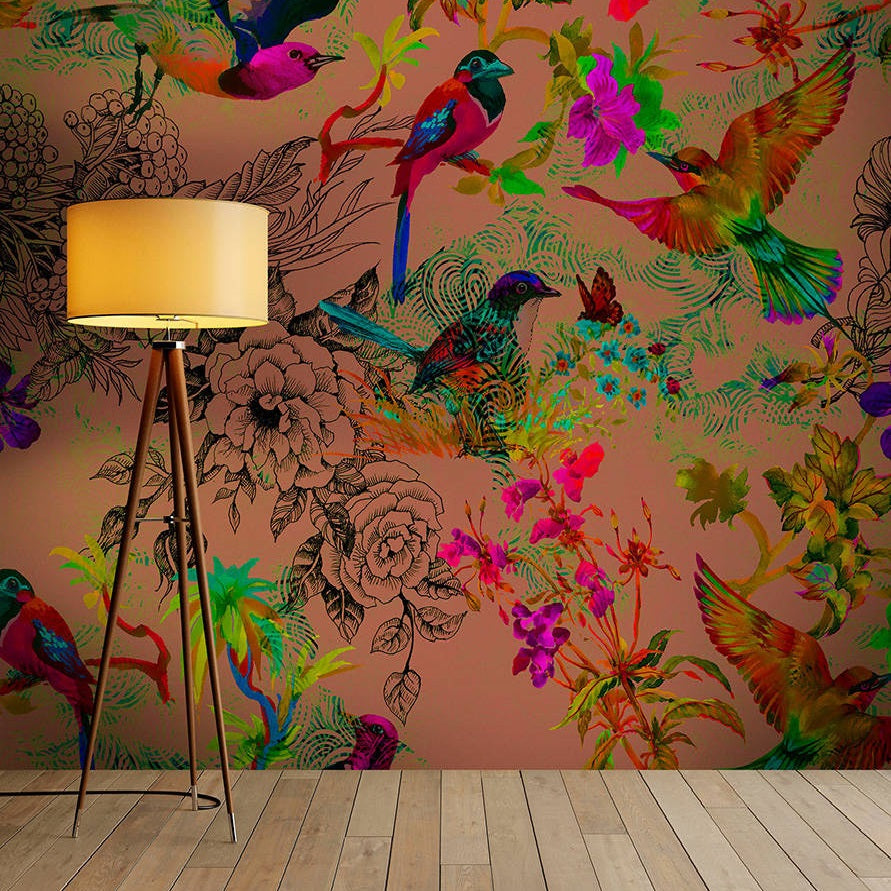 Buzzing Birds Wallpaper  Mural in Gold effect Red Green 