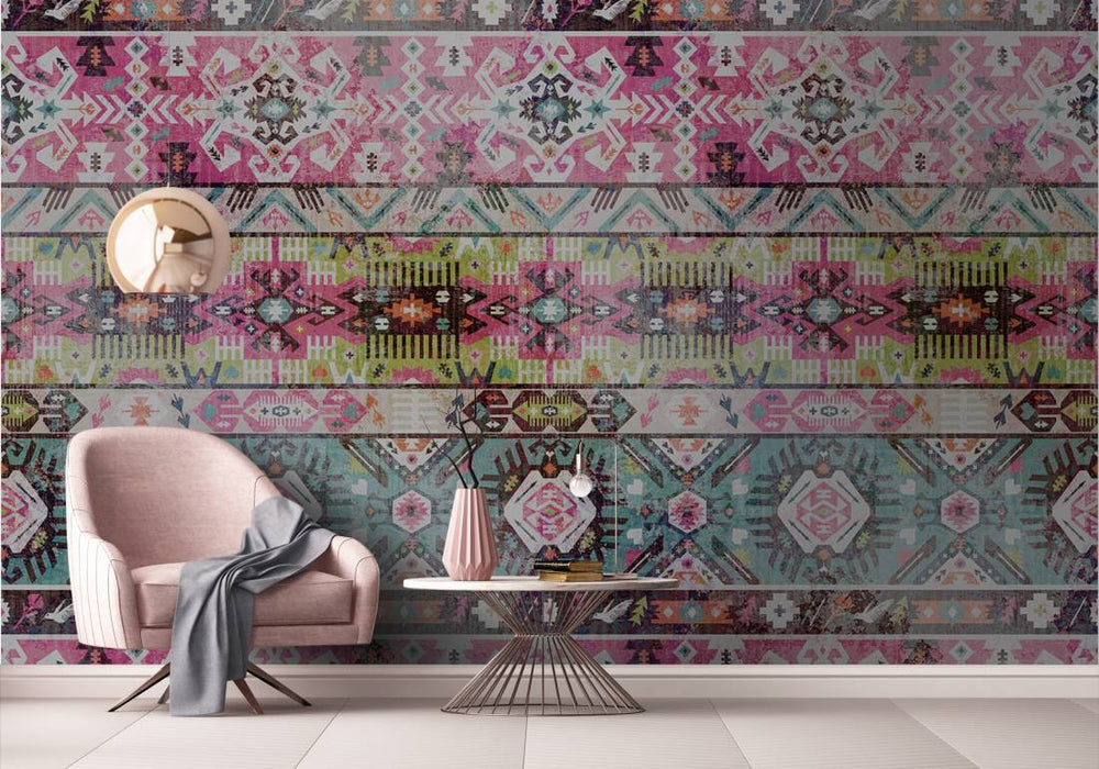 Urban Moroccan Rug Wallpaper  Mural in Pink Green 