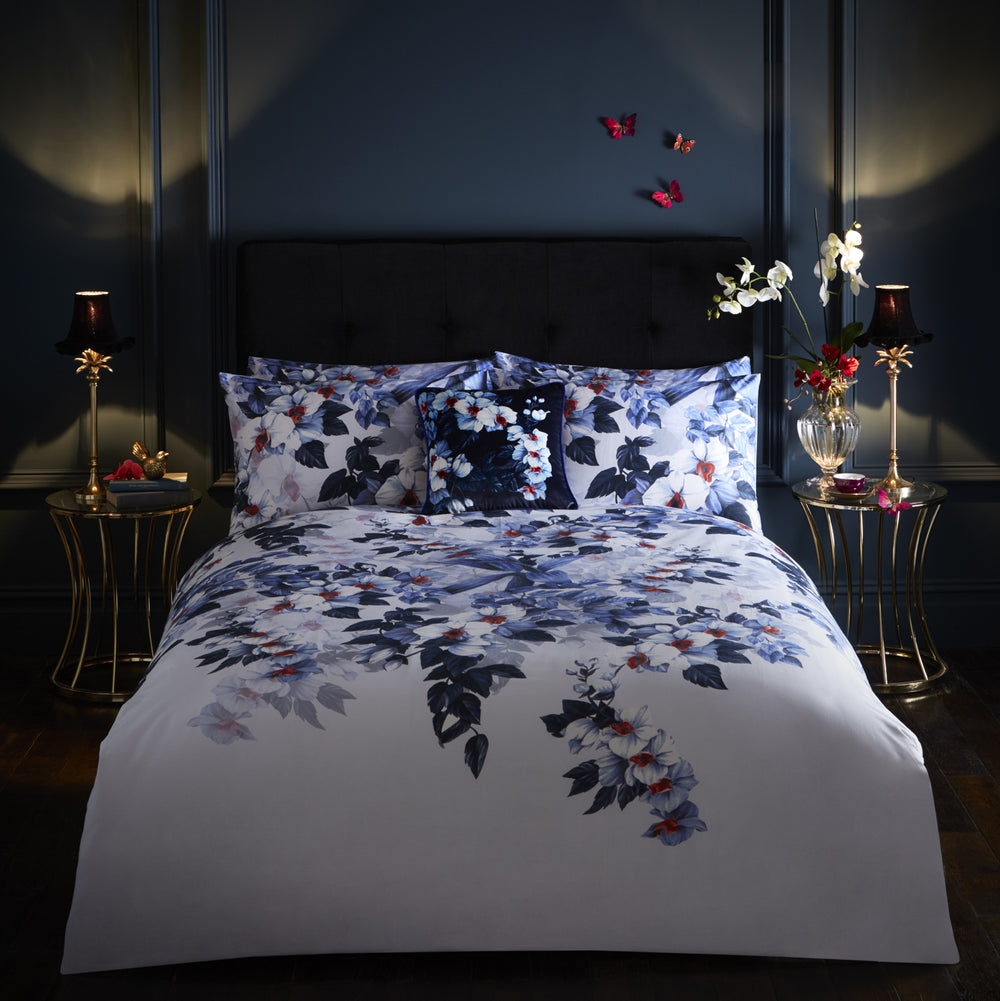 Oasis 'Exotica' Designer Floral Bedding Duvet Set | White, Navy Blue