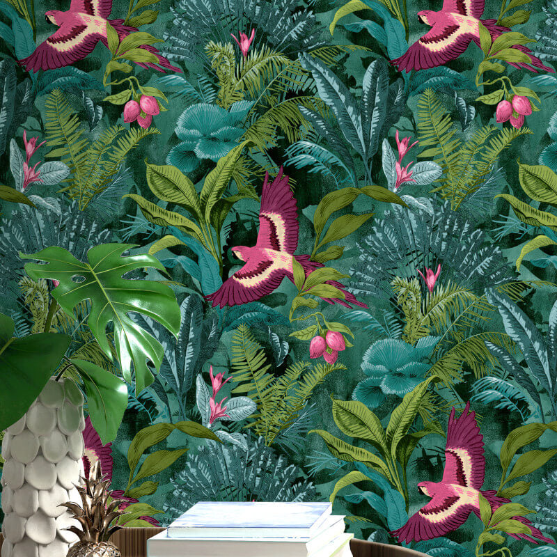 Jungle Palm and Parrot Bird Wallpaper in Green and Pink – Your 4 Walls