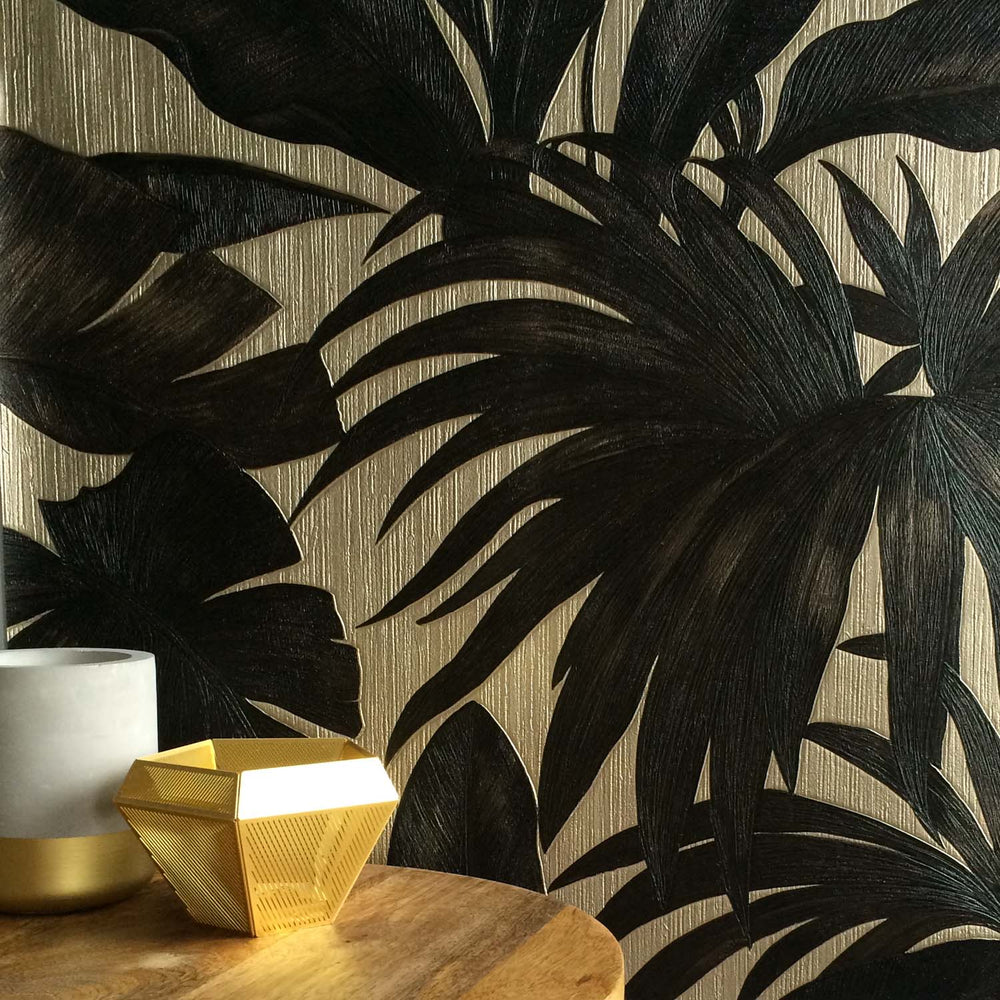 Versace Palm Leaf Designer Leaf Tree Wallpaper Black Gold Your 4 Walls