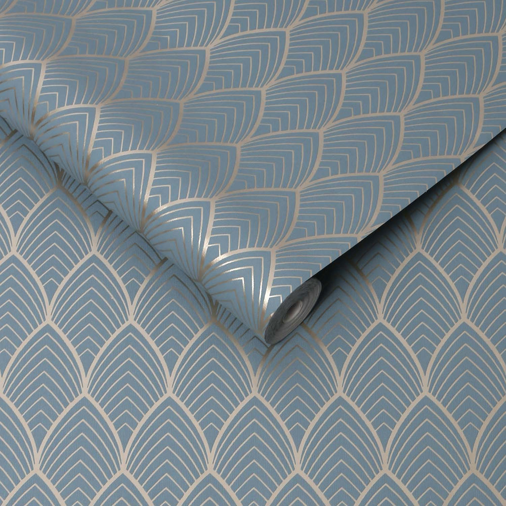 Art Deco Vector Tile Effect Geometric Wallpaper in Duck Egg Blue and G