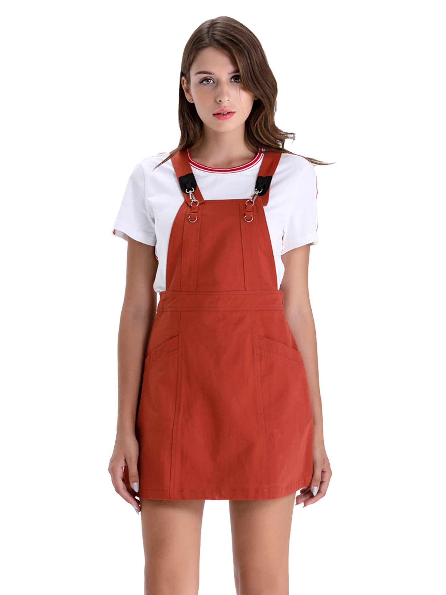 red denim pinafore dress