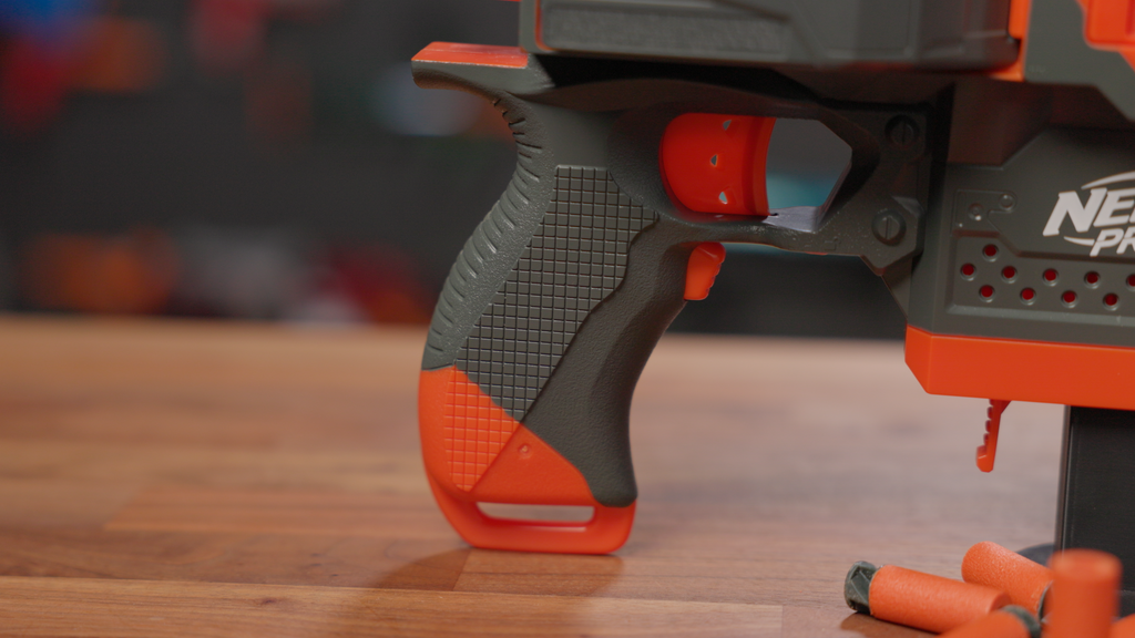 Nerf Pro Stryfe X Grip, which is extended from the original Stryfe