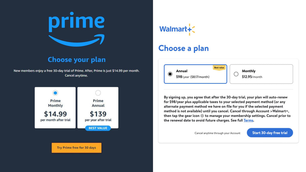 Subscription pricing for Amazon Prime and Walmart +
