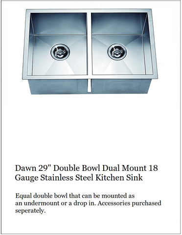 Dawn 29" Double Bowl Dual Mount 18 Gauge Stainless Steel Kitchen Sink, DSQ271616
