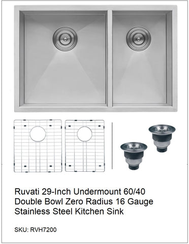 Ruvati 29-Inch Undermount 60/40 Double Bowl Zero Radius 16 Gauge Stainless Steel Kitchen Sink, SKU RVH7200