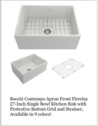 Bocchi Contempo Apron Front Fireclay 27-Inch Single Bowl Kitchen Sink with Protective Bottom Grid and Strainer, Available in 9 colors!