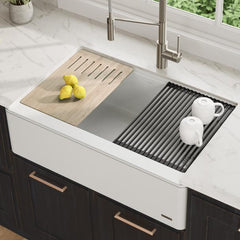 white composite farmhouse flat apron front kitchen sink, kraus bellucci