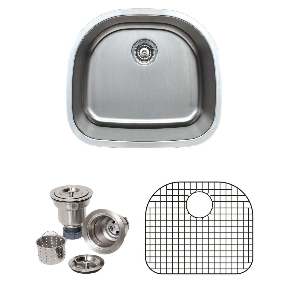 Wells Sinkware 24" 16-Gauge Undermount D-shaped Single Bowl Stainless Steel Kitchen Sink with Grid Rack and Basket Strainer