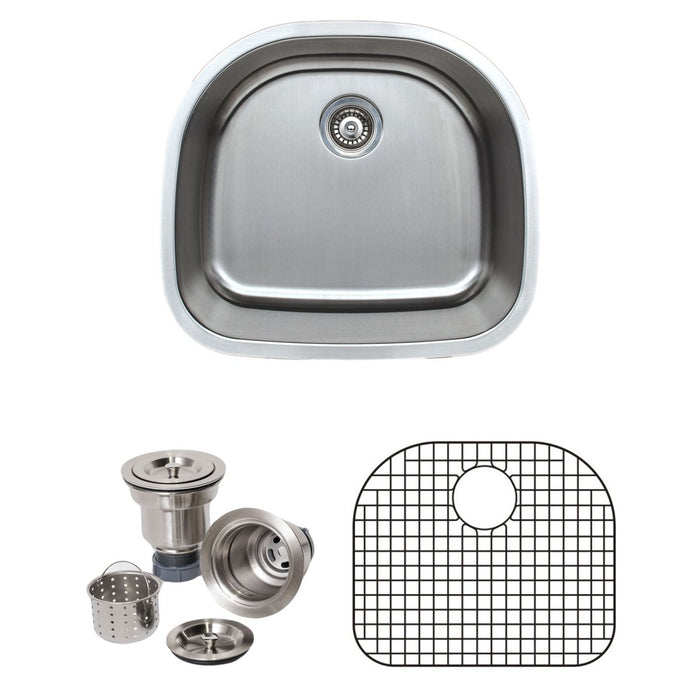 Wells Sinkware 24 Inch 18 Gauge Undermount D Shaped Single Bowl Stainless Steel Kitchen Sink With Grid Rack And Basket Strainer