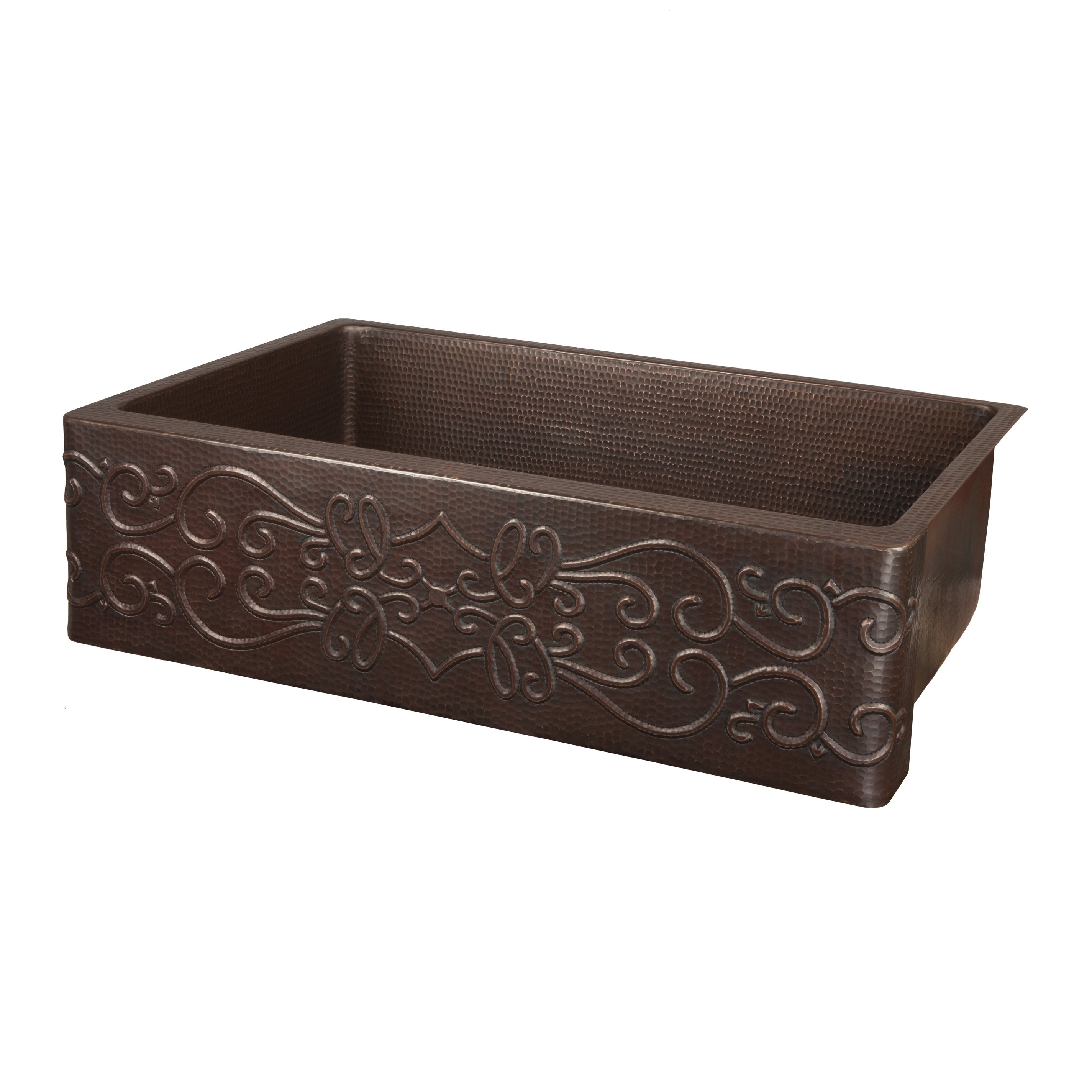 Premier Copper Products 30" Hammered Copper Kitchen Apron Single Basin Sink with Scroll Design