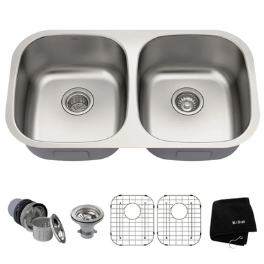 32” Undermount Stainless Steel Double Bowl Kitchen Sink with