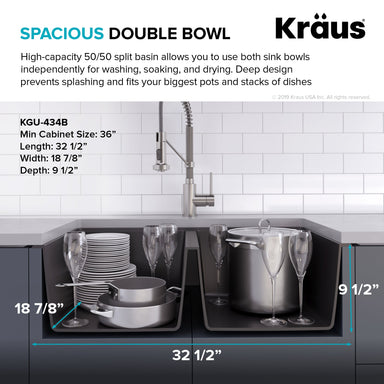 Kraus KGU-413B-100-75MB Black Onyx Quarza 30-1/2 Undermount Single Basin  Granite Kitchen Sink with Basket Strainer and Garbage Disposal 