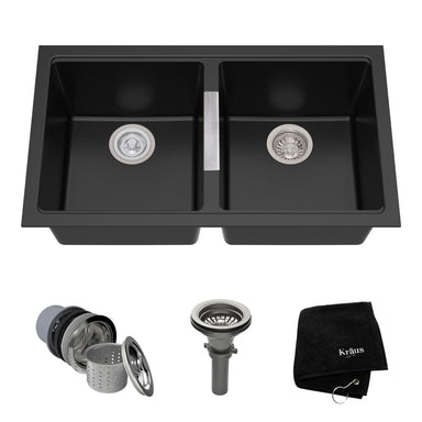 Kraus KGU-413B-100-75MB Black Onyx Quarza 30-1/2 Undermount Single Basin  Granite Kitchen Sink with Basket Strainer and Garbage Disposal 