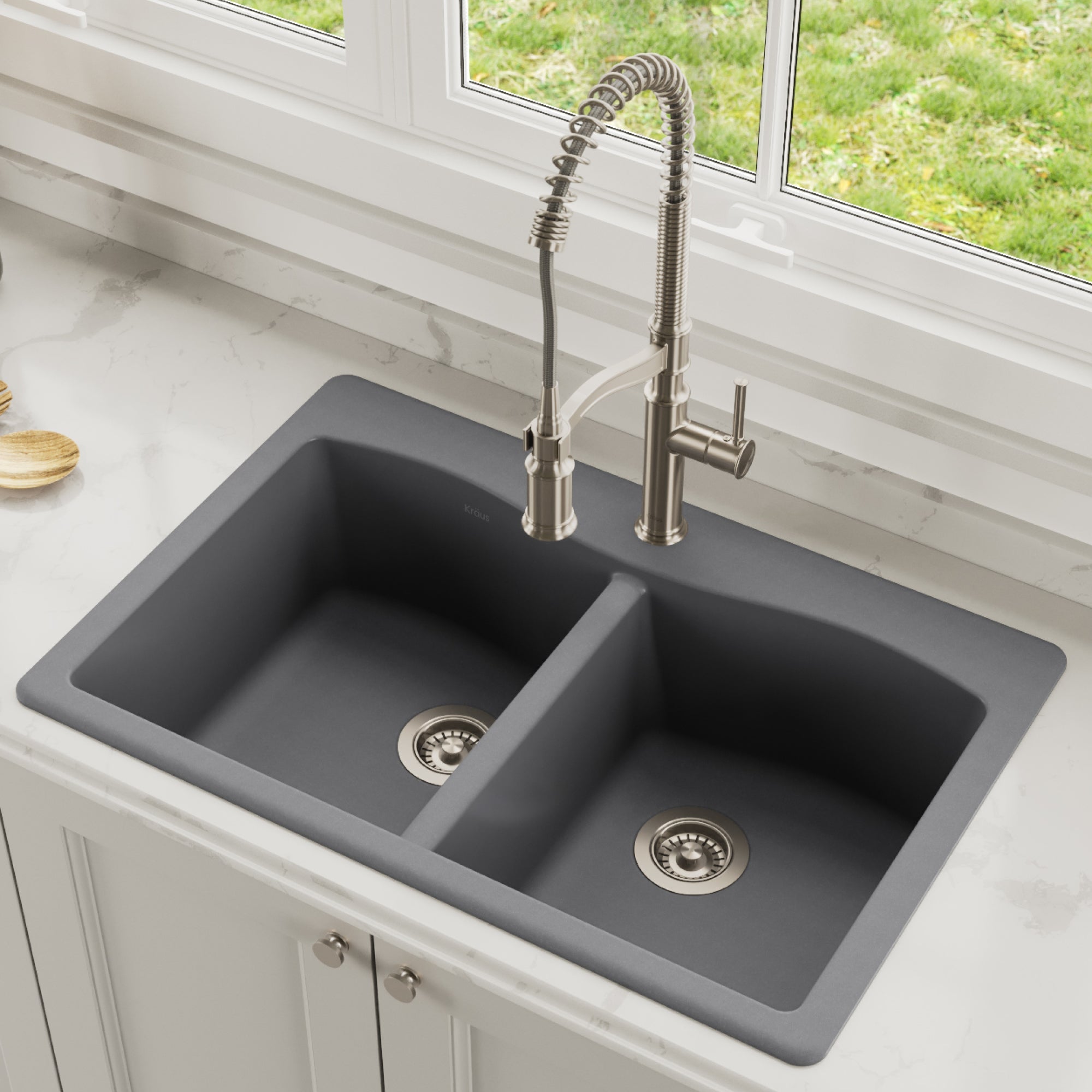 Kraus Forteza 33 Dual Mount 50 50 Double Bowl Granite Kitchen Sink In