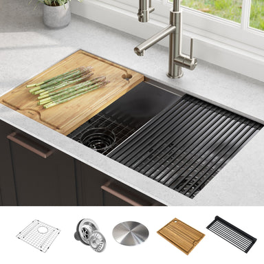 Kraus KWU12045 45 Inch Kore™ 2-Tier Workstation Kitchen Sink with 10-Piece  Chef's Kit, 16 Gauge Steel, Undermount Installation, Rear Off-Set Drain  Opening, and Rust Resistant Finish