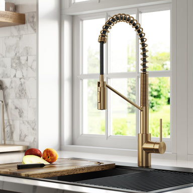 Kraus Oletto One-Handle Pull-Down Kitchen Faucet in Brushed Brass  KPF-2620BB