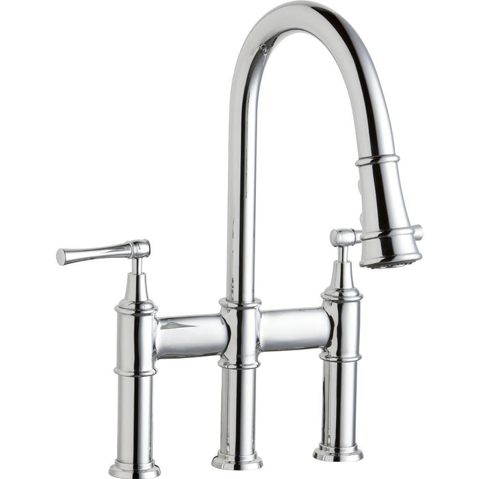 Elkay Explore Three Hole Bridge Faucet With Pull Down Spray And Lever