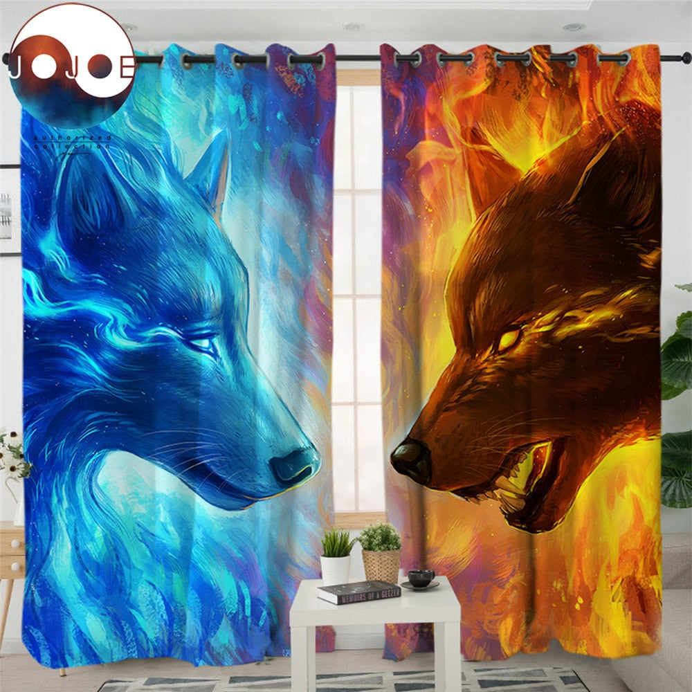 Fire And Ice By Jojoesart Curtains For Living Room Bedroom 3d Wolf Wolves Curtain Window Treatment Drapes Blue Home Decor 1 2pcs