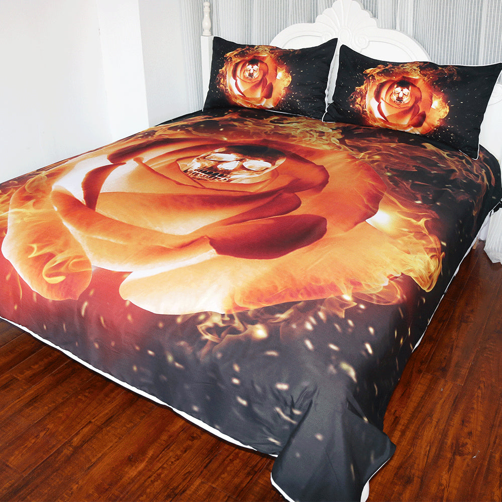 Dropship Burning Skull Floral Bedding Set Flame Fire And Rose