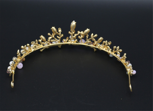 Women Girl Bride Wedding Elegant Pink Crystal Rhinestone Gold Color Tiara Crown