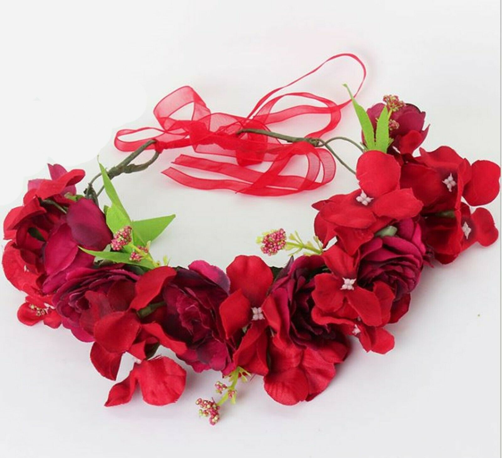 red flower hair garland