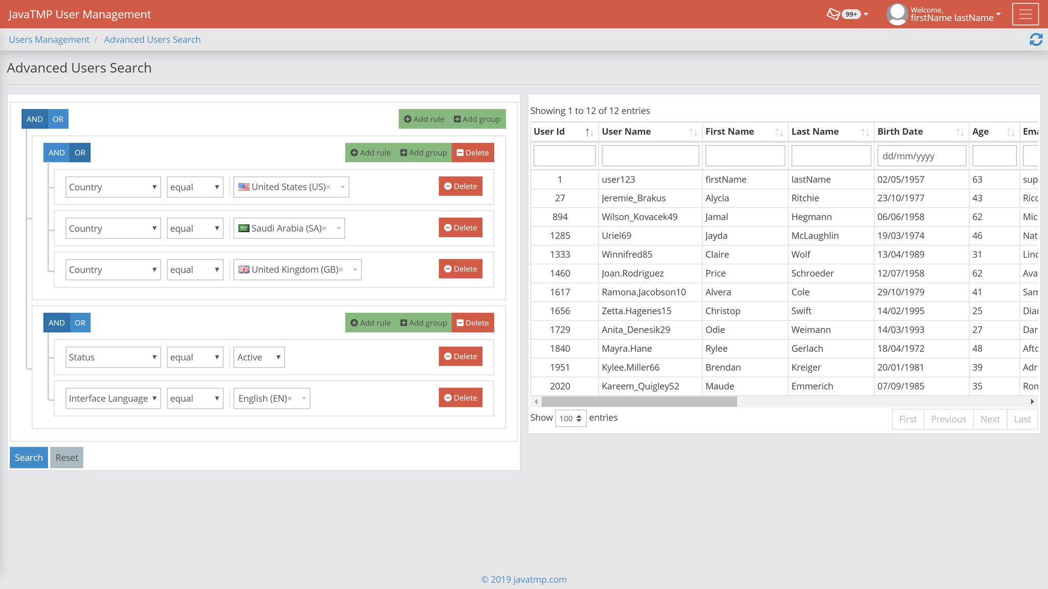 java bootstrap Advanced user filtration searching multi select