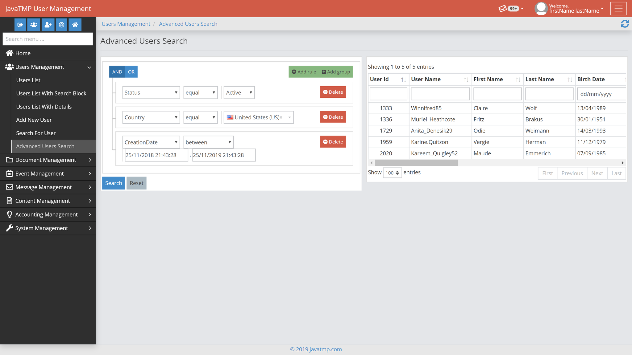 Advanced user filtration and searching feature