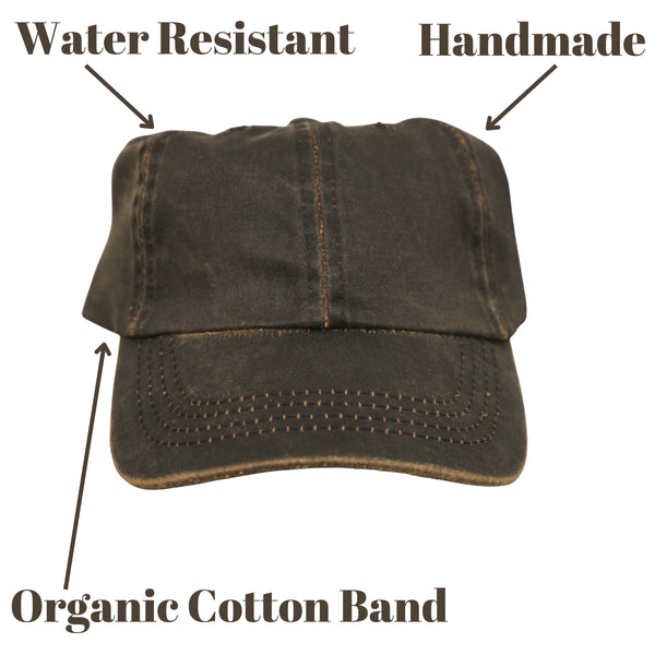 8 second weathered dad hat by Conner Hats with descriptions including water resistant, handmade, and organic cotton band.